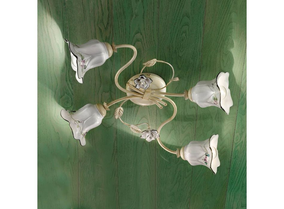 Lámpara de techo de 4 luces en metal y cerámica con rosas pintadas a mano - Pisa viadurini
