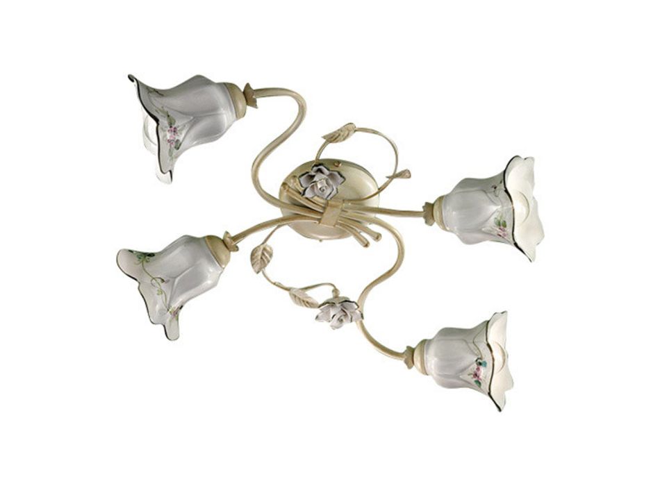 Lámpara de techo de 4 luces en metal y cerámica con rosas pintadas a mano - Pisa viadurini