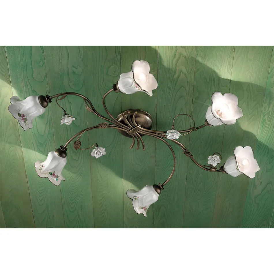 Lámpara de techo de 6 luces en cerámica artesanal con rosas decoradas - Pisa viadurini