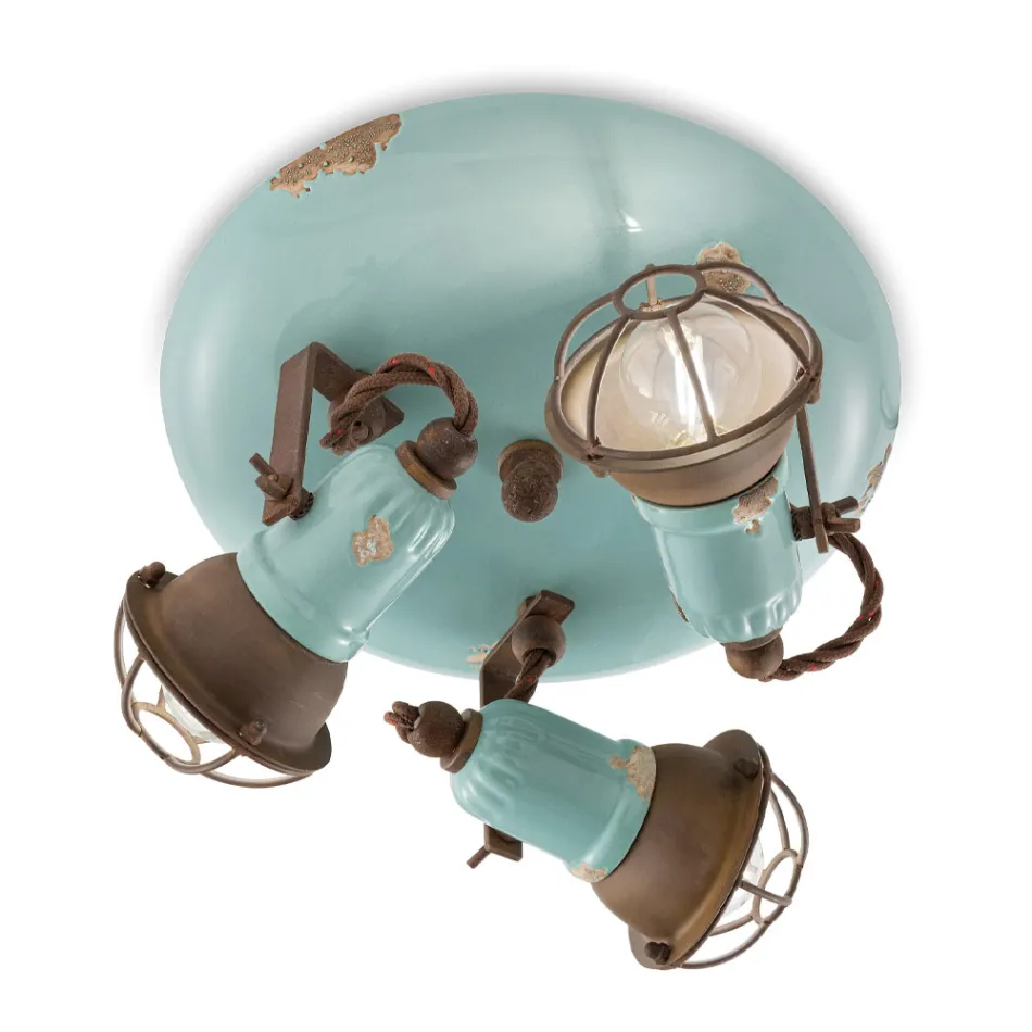 Plafón industrial 3 focos en hierro y cerámica artesanal - loft viadurini