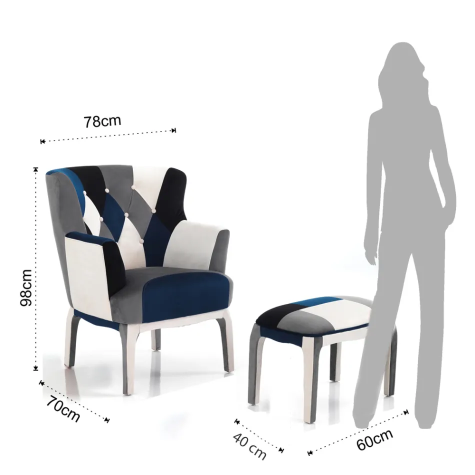 Sillón con Puf en Tela Patchwork - Bromo viadurini