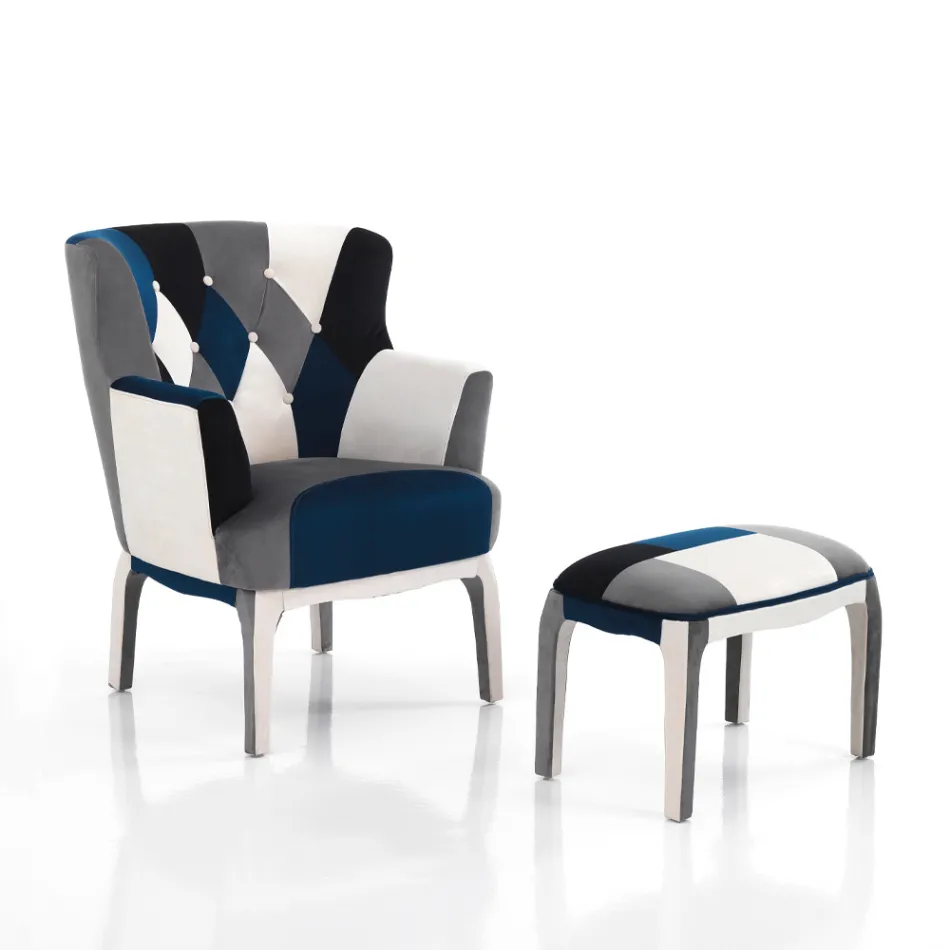 Sillón con Puf en Tela Patchwork - Bromo viadurini