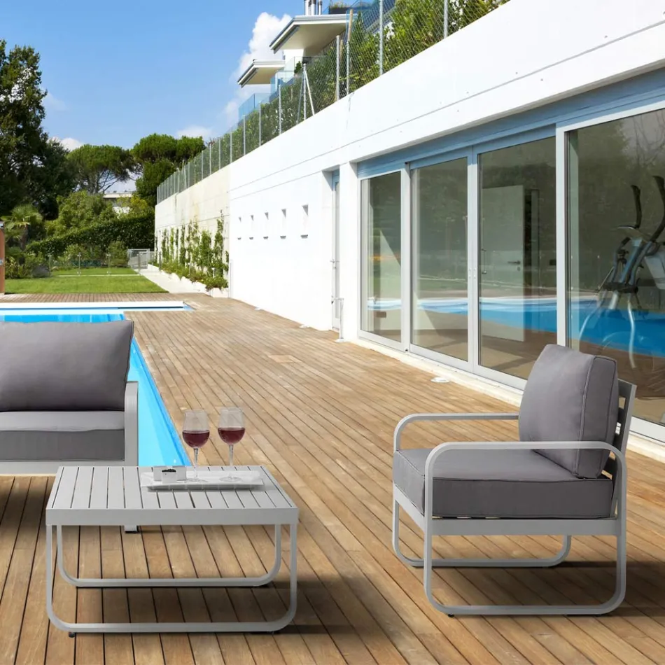 Sillón de jardín de aluminio blanco marfil mate y cojines grises - Avoir viadurini