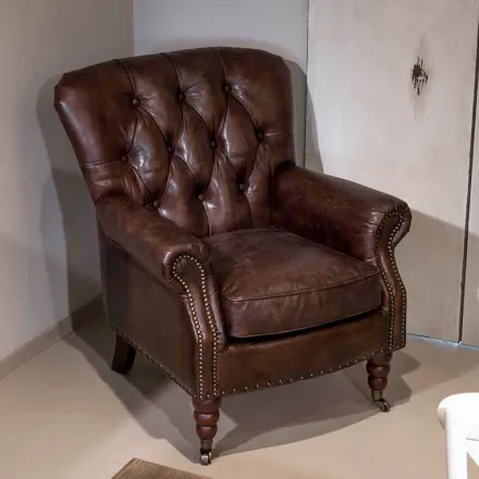 Sillón de Interior Totalmente Realizado en Piel Vintage Efecto Envejecido - Sello viadurini