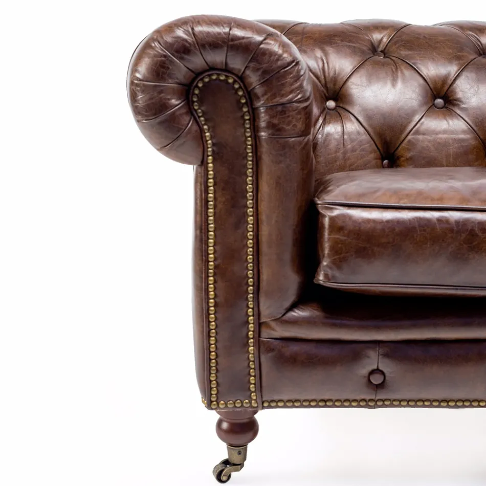 Sillón de Salón en Piel Vintage con Efecto Envejecido con Ruedas y Reposabrazos - Stamp viadurini