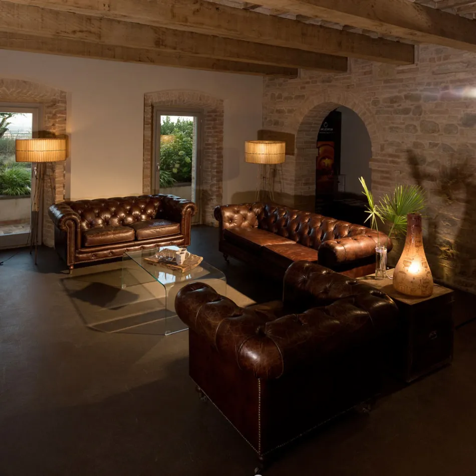 Sillón de Salón en Piel Vintage con Efecto Envejecido con Ruedas y Reposabrazos - Stamp viadurini