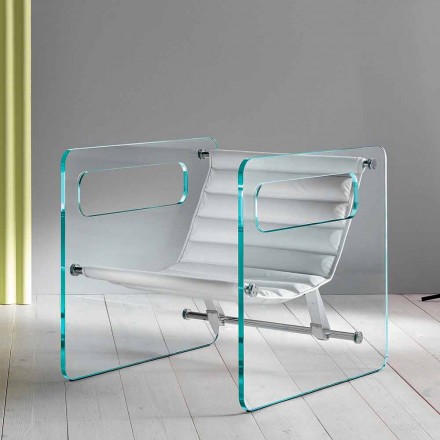 Sillón de salón en vidrio y asiento en cuero blanco de diseño moderno - Tecna viadurini