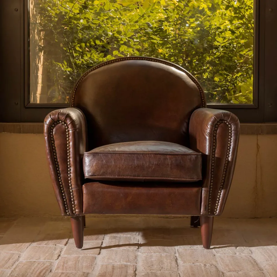 Sillón de interior en cuero vintage efecto envejecido marrón oscuro - Stamp viadurini
