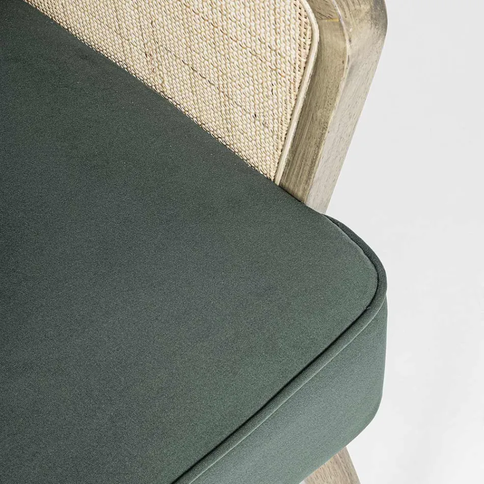 Sillón vintage de madera con reposabrazos de ratán y poliéster - Ludovica viadurini