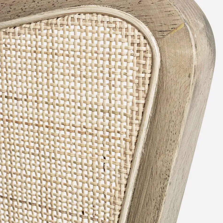 Sillón vintage de madera con reposabrazos de ratán y poliéster - Ludovica viadurini