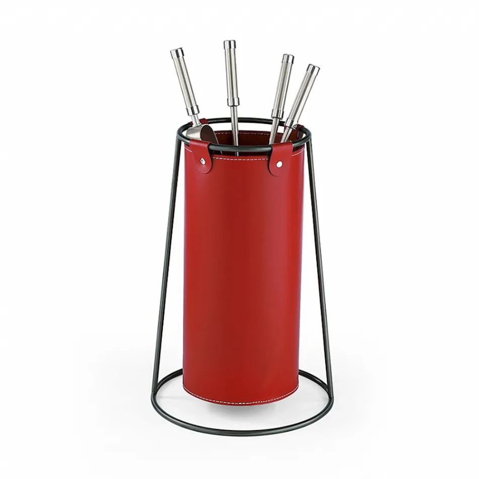 Porta accesorios para chimenea en cuero y acero pintado de negro Made in Italy viadurini