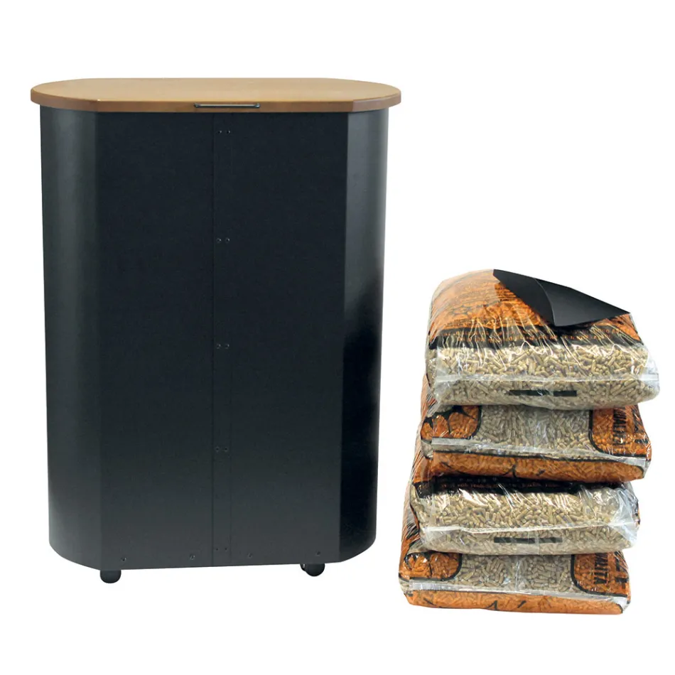 Porta pellets de metal con ruedas y tapa de madera Made in Italy - Bisonte viadurini