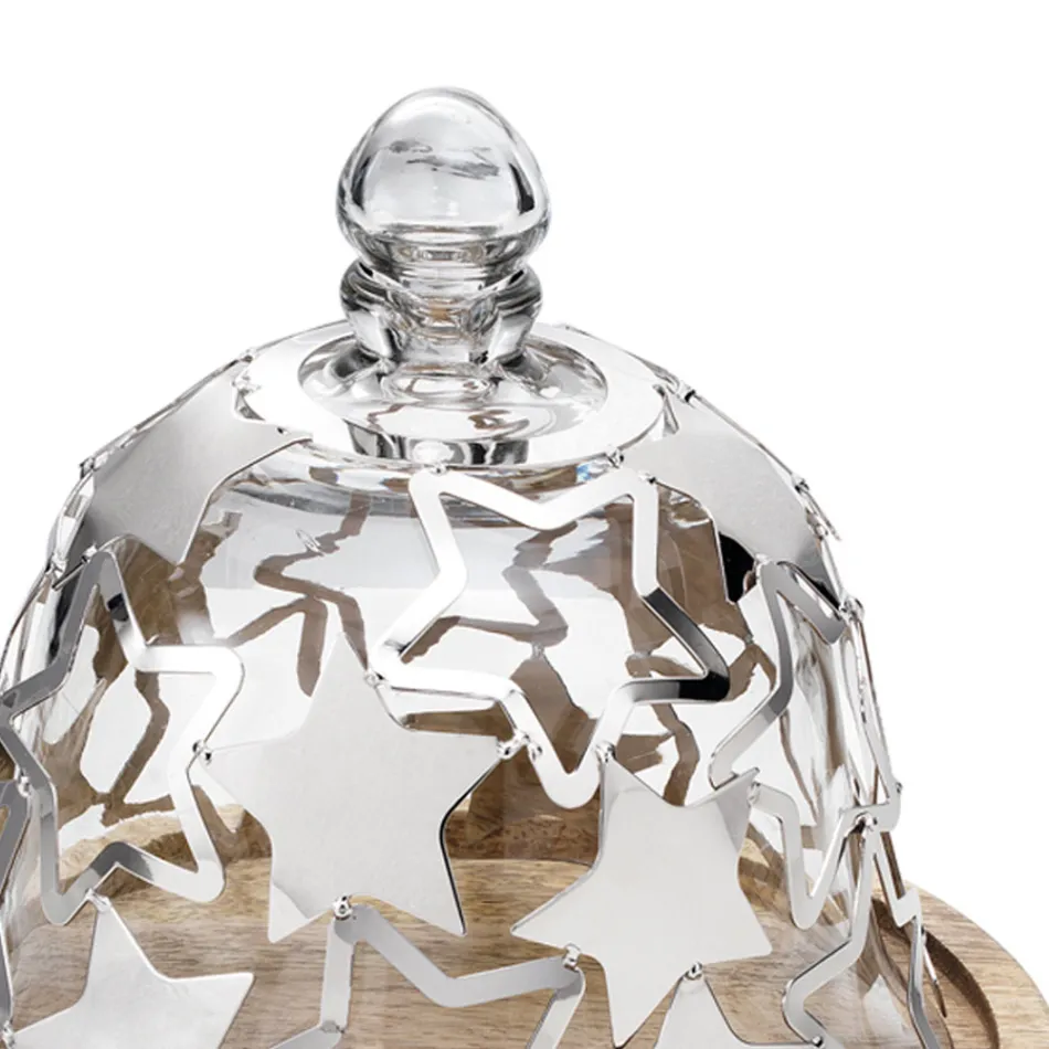 Soporte para pastel de campana en madera y vidrio con estrellas de metal plateado - Ilenia viadurini