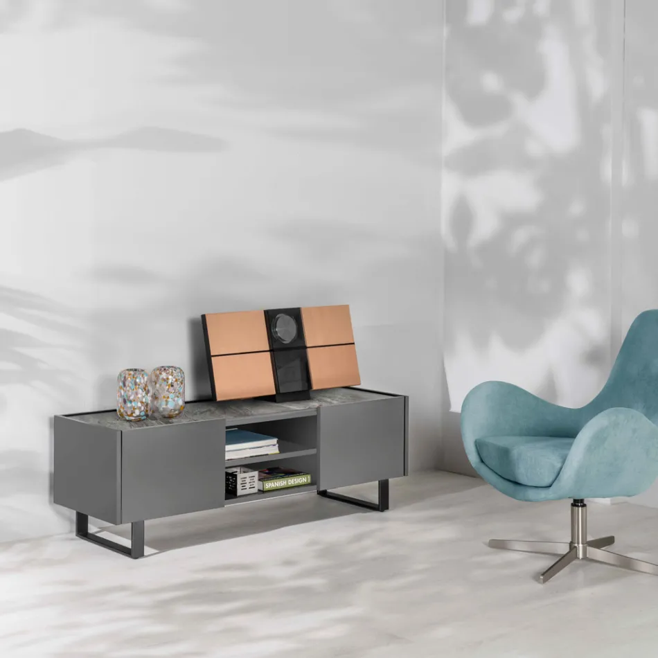 Mueble TV con Tapa de Cerámica Efecto Mármol con 2 Puertas y 2 Compartimentos Abiertos - Clak viadurini