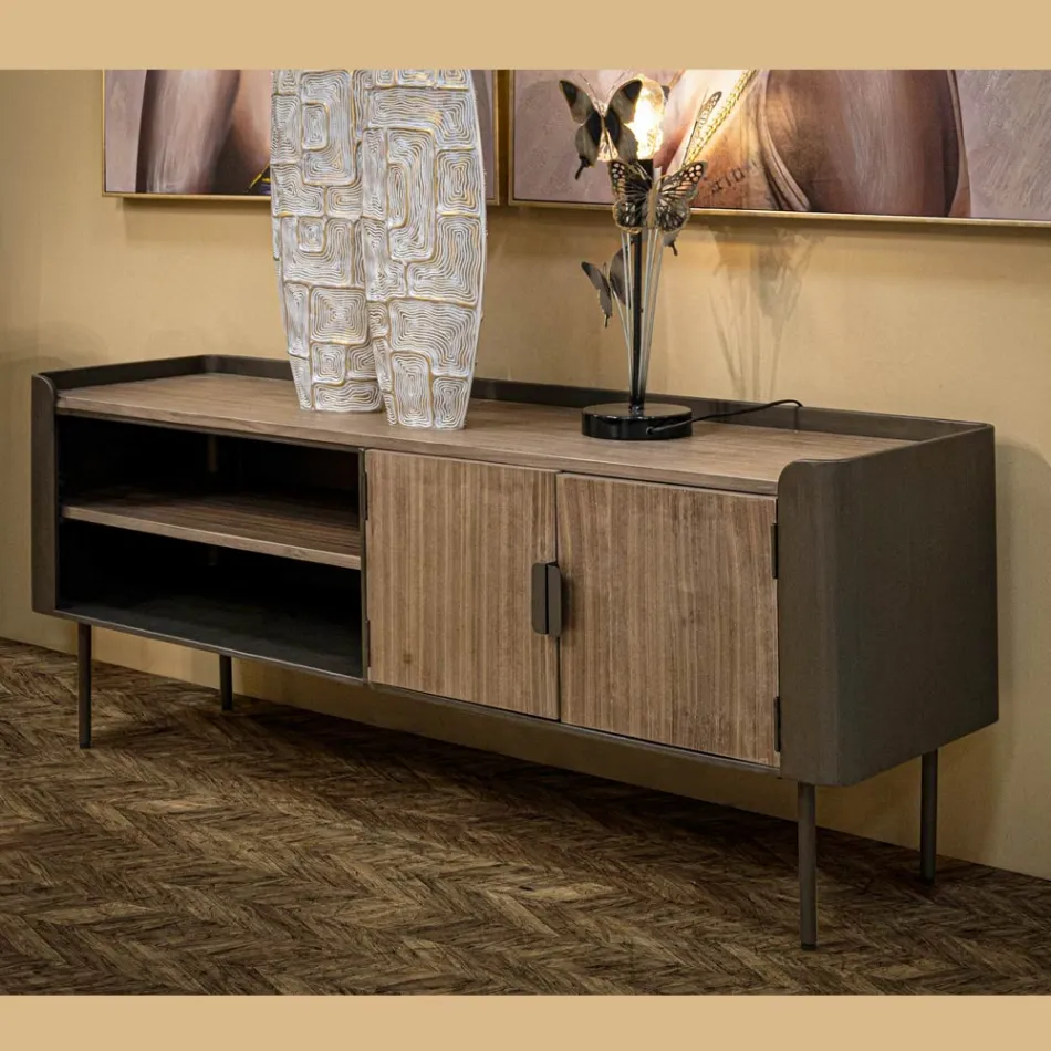 Mueble TV de salón en madera de abeto y hierro gris con 2 puertas - Cooper viadurini