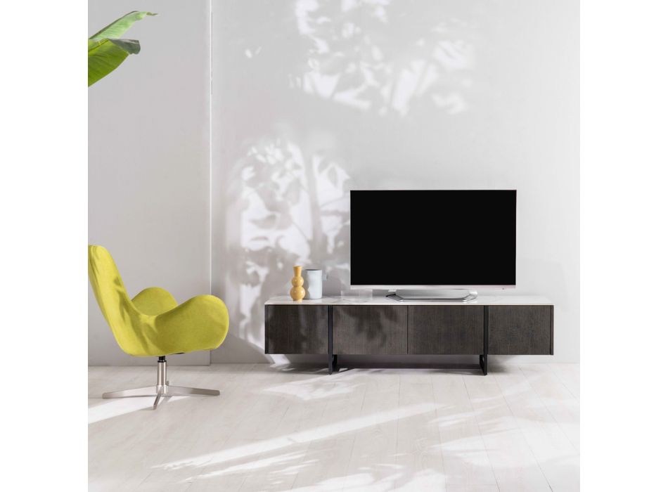 Mueble TV en MDF y cerámica con 2 puertas y 2 cajones con cierre suave - Clak viadurini