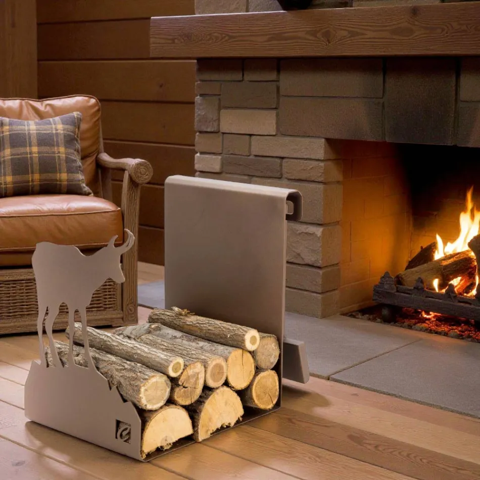 Soporte para leña de interior en acero marrón Made in Italy con herramientas - Volturno viadurini