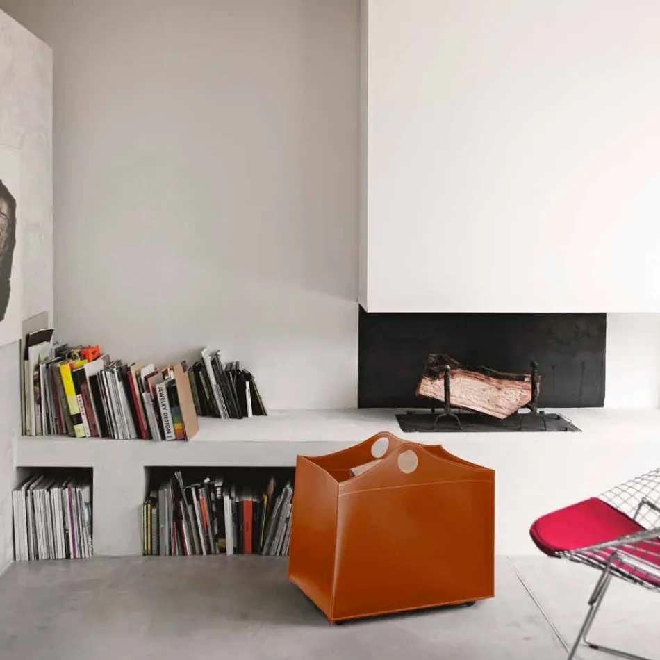 Soporte para troncos en cuero regenerado con ruedas WoodBag hechas en Italia viadurini