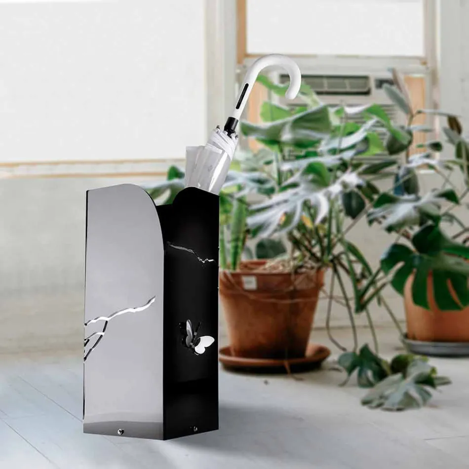 Paragüero de plexiglás negro con grabados y decoraciones en 3D, diseño moderno - Farfo viadurini