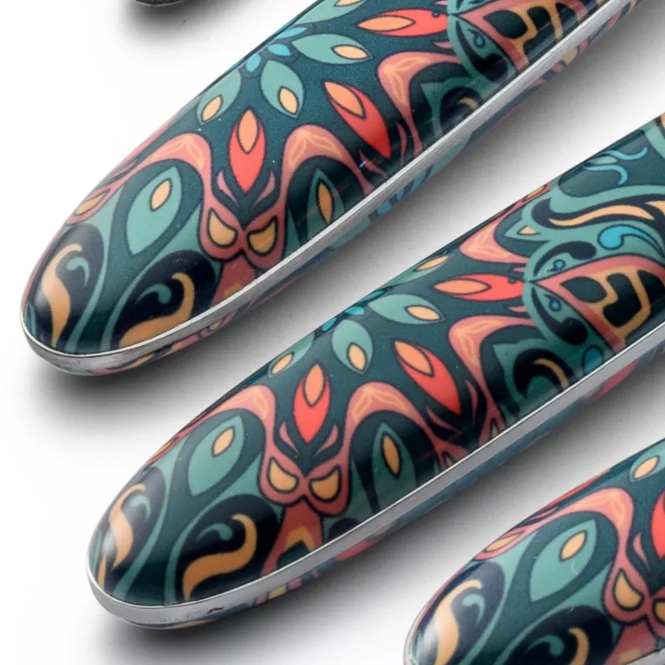 Cubiertos de acero y plástico con decoración floral de colores, 24 piezas - Alessandra viadurini