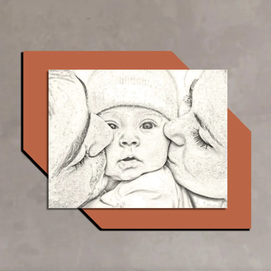 Cuadro de madera con estampado de un beso a un niño Made in Italy - Andorra viadurini