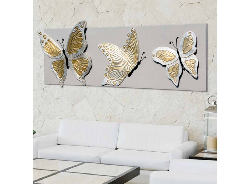 La pintura moderna con tres mariposas en relieve decorado a mano Stephen viadurini