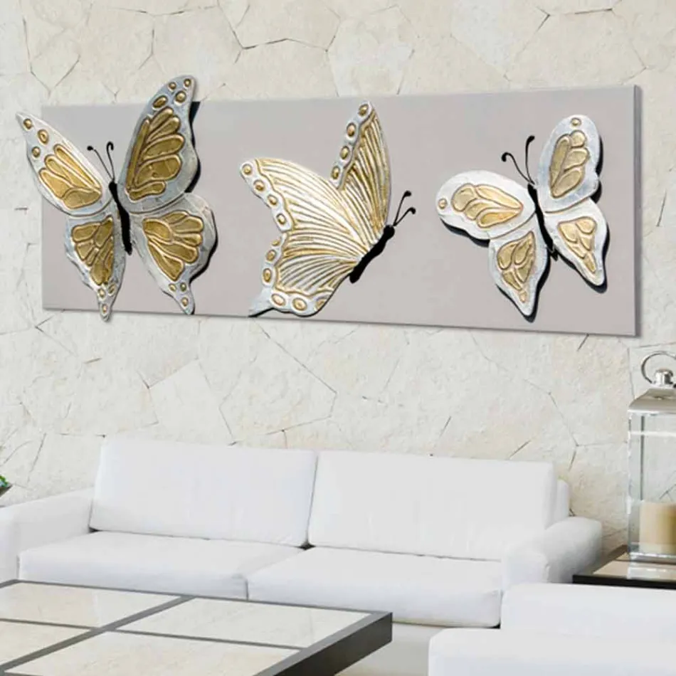 La pintura moderna con tres mariposas en relieve decorado a mano Stephen viadurini