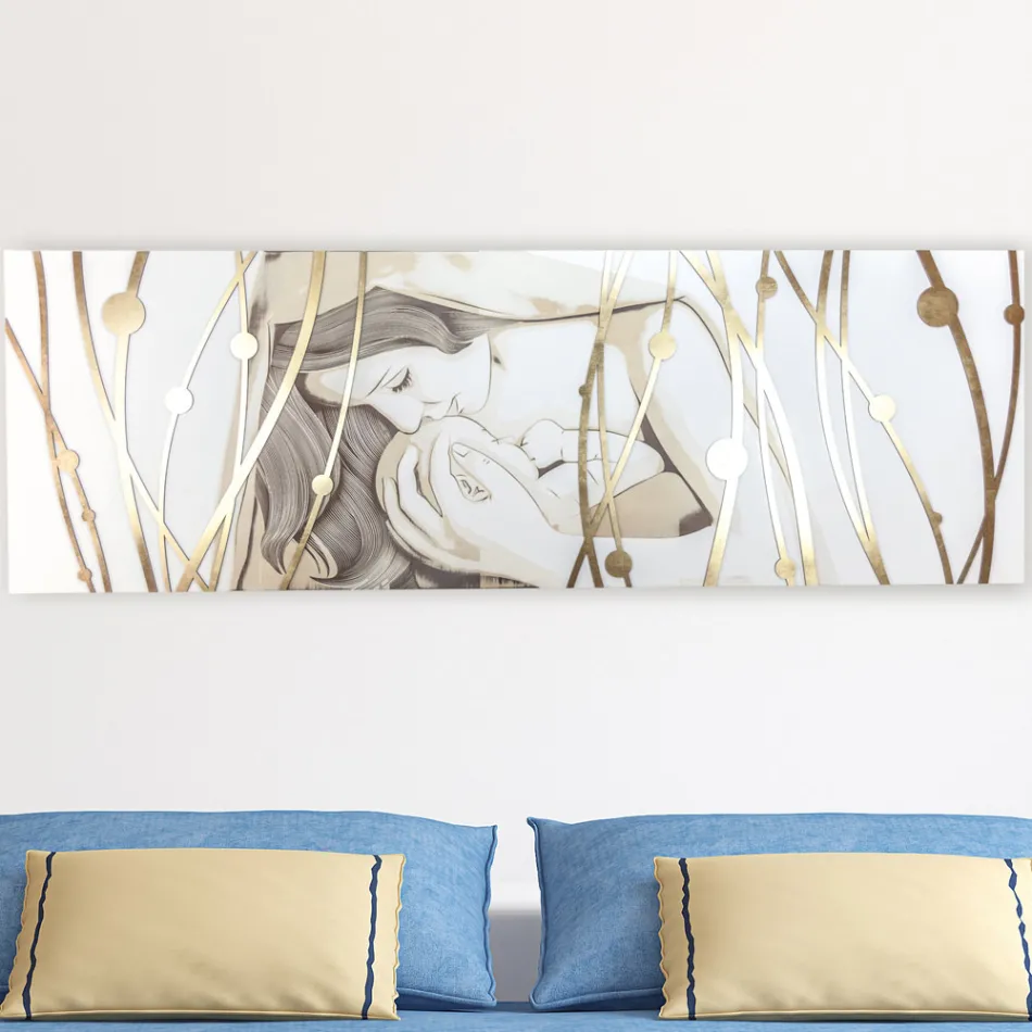 Cuadro Rectangular Hecho con Láser con Diosa y Niño Made in Italy - Nagi viadurini