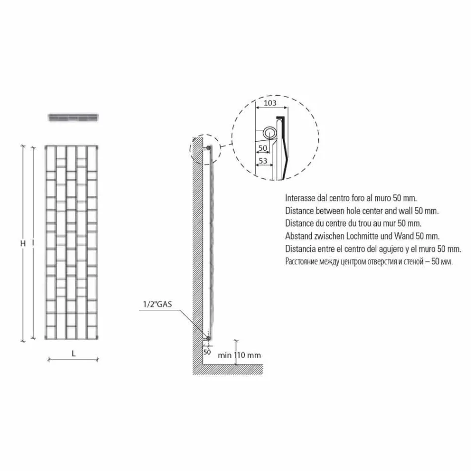Radiador de pared hidráulico de acero de diseño moderno de hasta 1003 vatios - piedra viadurini