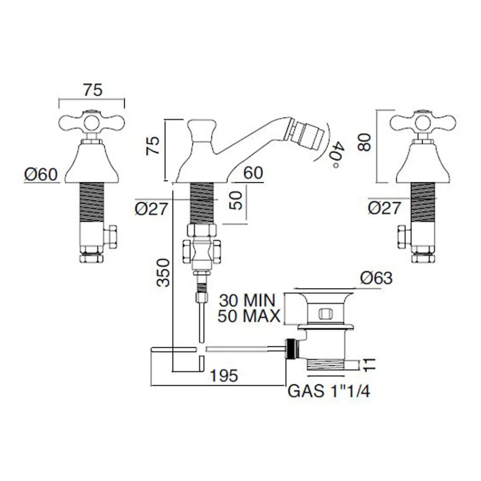 Grifo para bidé clásico de 3 orificios con desagüe de latón Made in Italy - Ercolina viadurini