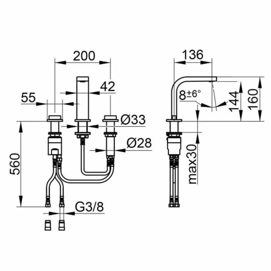 Mezclador de lavabo de baño de diseño moderno con 3 orificios de metal - Etto viadurini