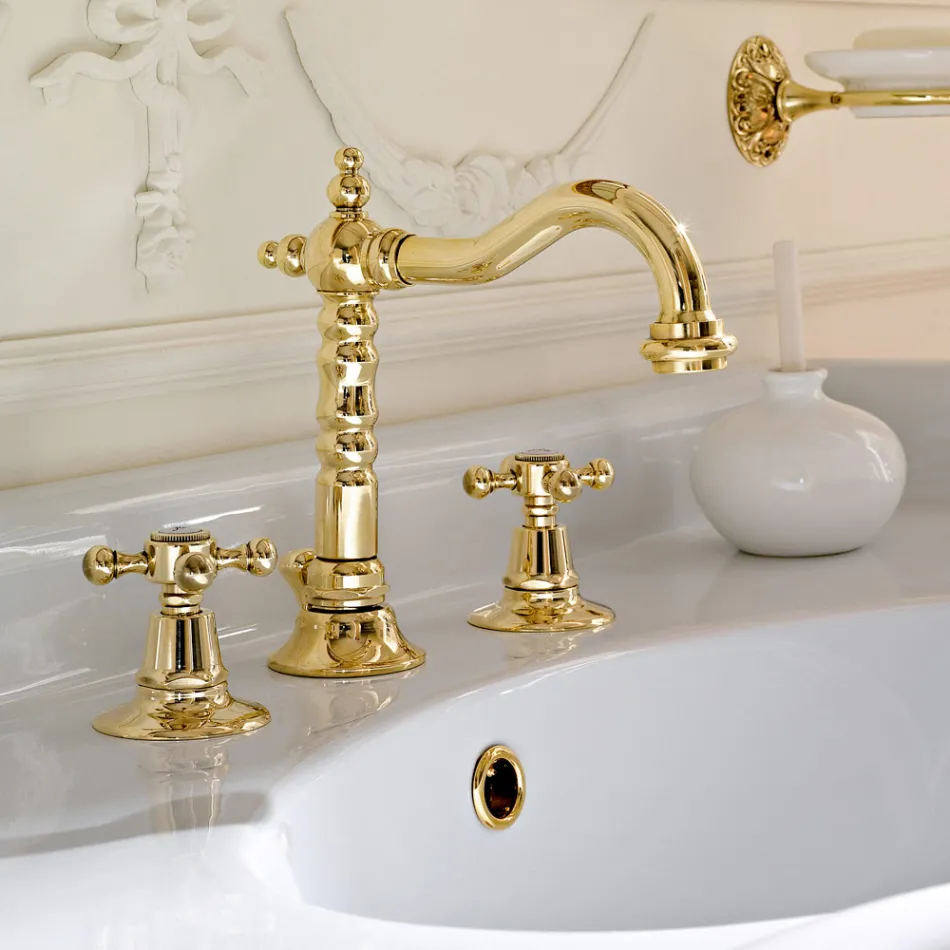 Grifo para lavabo de diseño vintage con 3 orificios en latón Made in Italy - Ursula viadurini