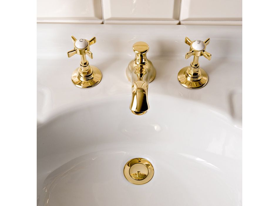 Grifo para lavabo de latón con 3 orificios, estilo vintage, Made in Italy – Katerina viadurini