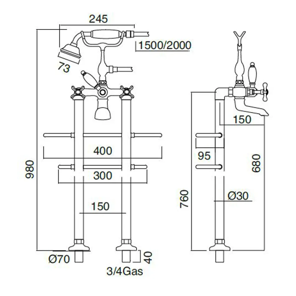 Classic Brass Grifo de pie para bañera con ducha manual - Fioretta viadurini