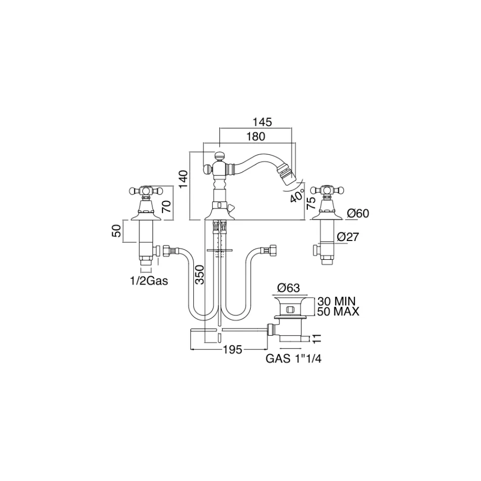 Grifo para bidé vintage de 3 orificios de latón vintage Made in Italy - Ursula viadurini