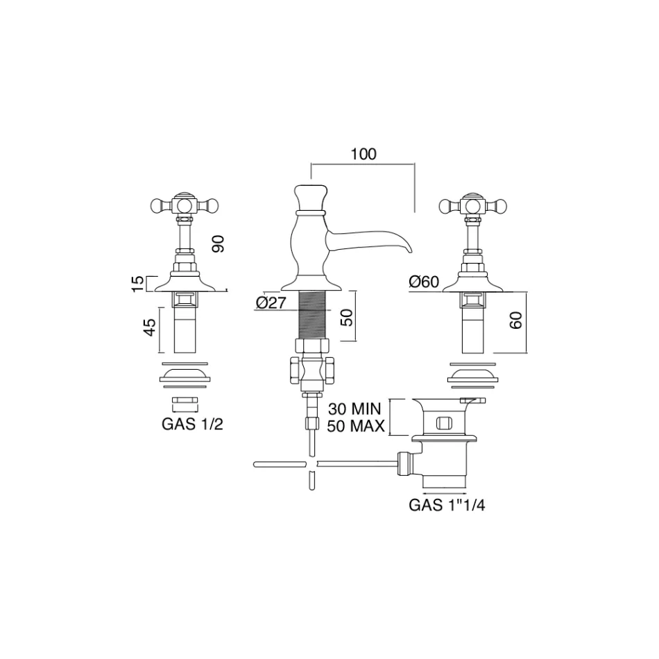 Grifo para bidé vintage de latón con 3 orificios Made in Italy - Elisea viadurini