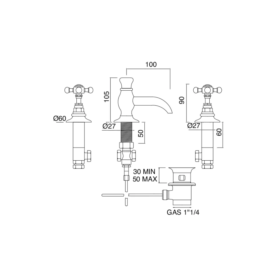 Grifo para lavabo vintage con 3 orificios en latón vintage Made in Italy - Elisea viadurini