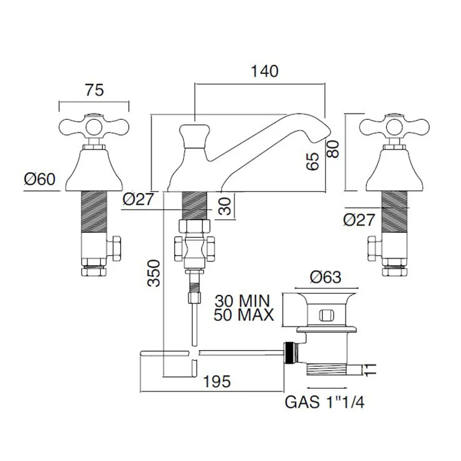 Grifo para lavabo de baño con 3 orificios en latón con desagüe estilo clásico - Ercolina viadurini