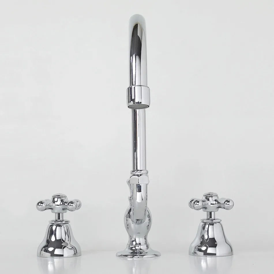 Grifo para lavabo de baño con 3 orificios en latón con caño alto y desagüe - Ercolina viadurini