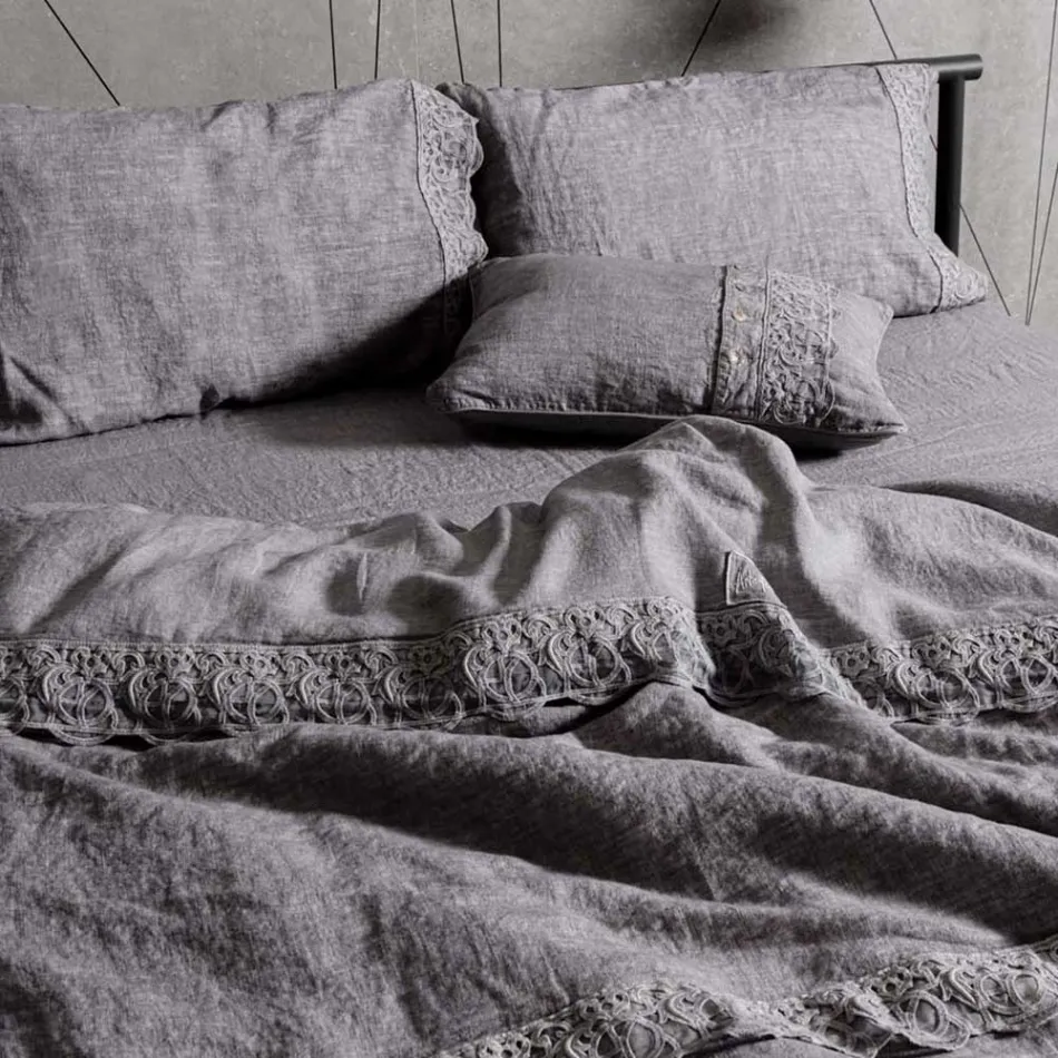 Bolsa de almacenaje para funda nórdica de lino con encaje y botones Sinergia - Energis viadurini