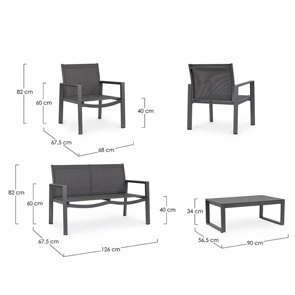 Salón de jardín con 1 sofá, 2 sillones y 1 mesa de centro - Plano viadurini