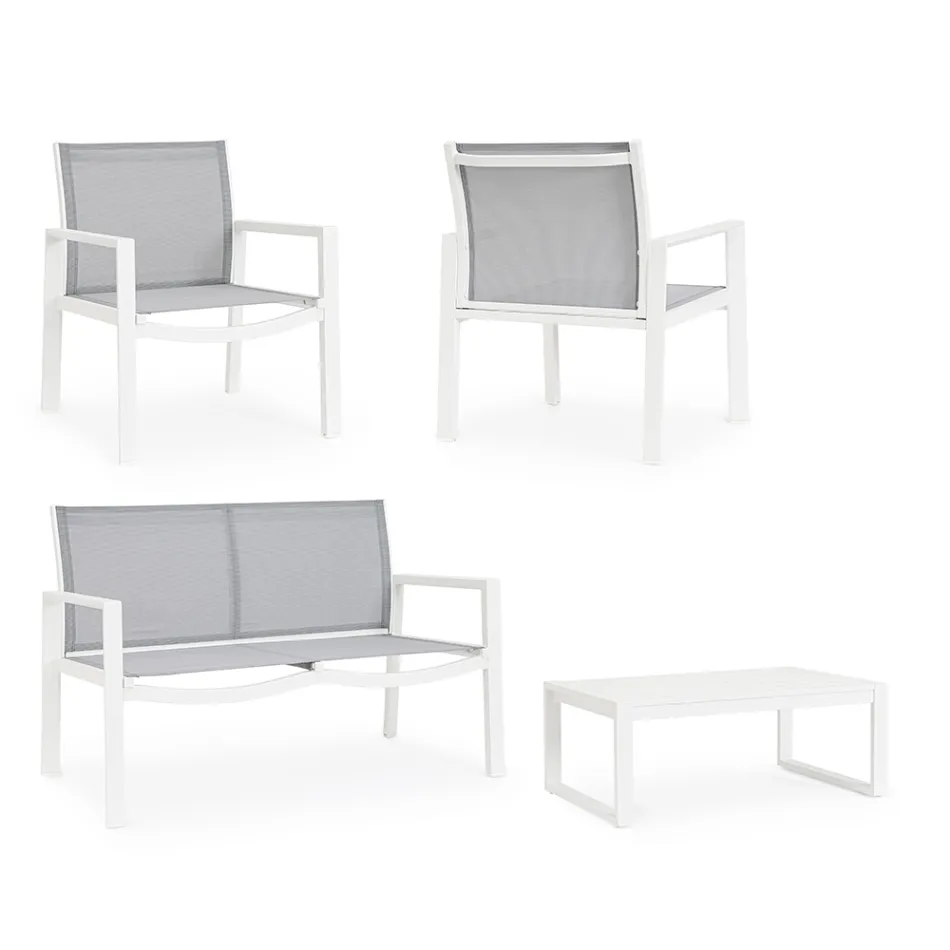 Salón de jardín con 1 sofá, 2 sillones y 1 mesa de centro - Plano viadurini