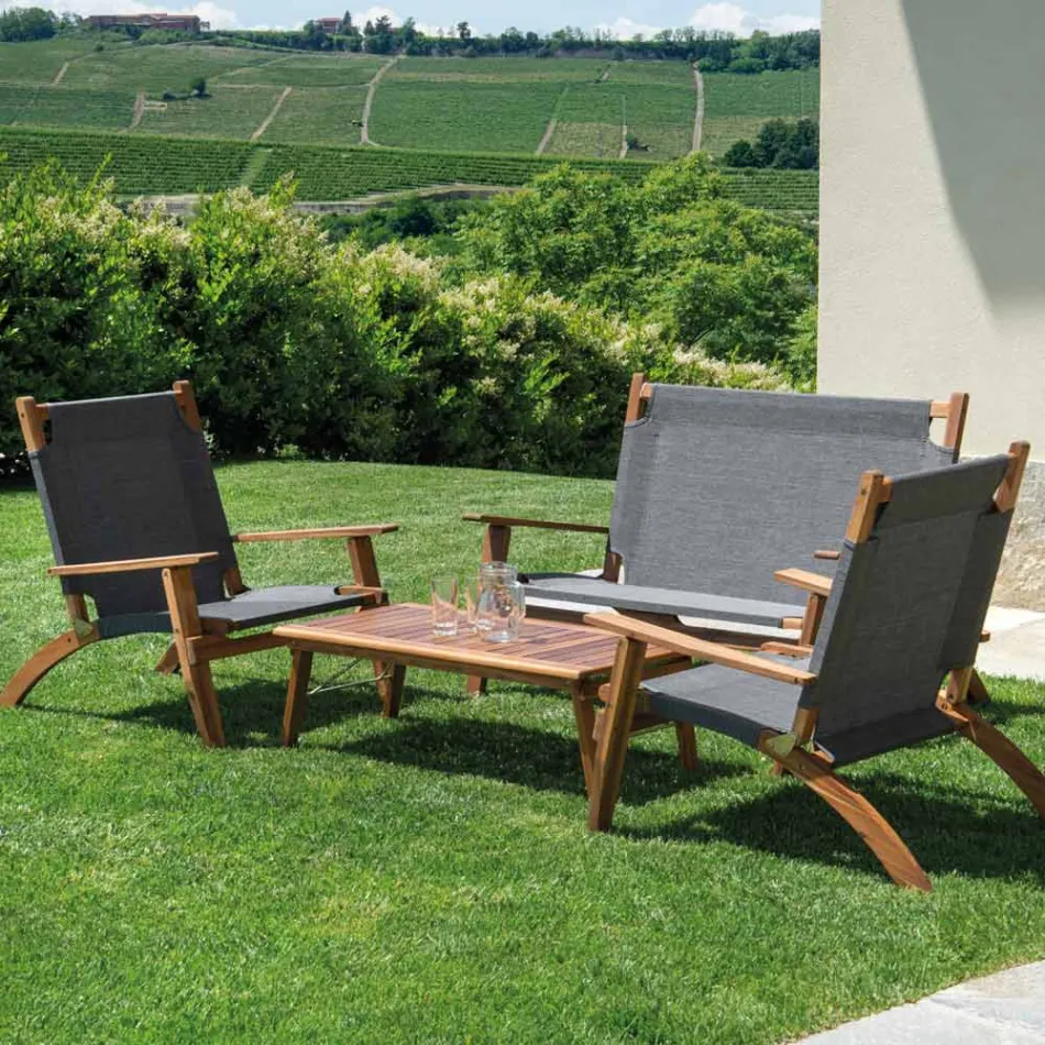 Salón en madera de acacia aceitada color natural y tela - Bottega viadurini