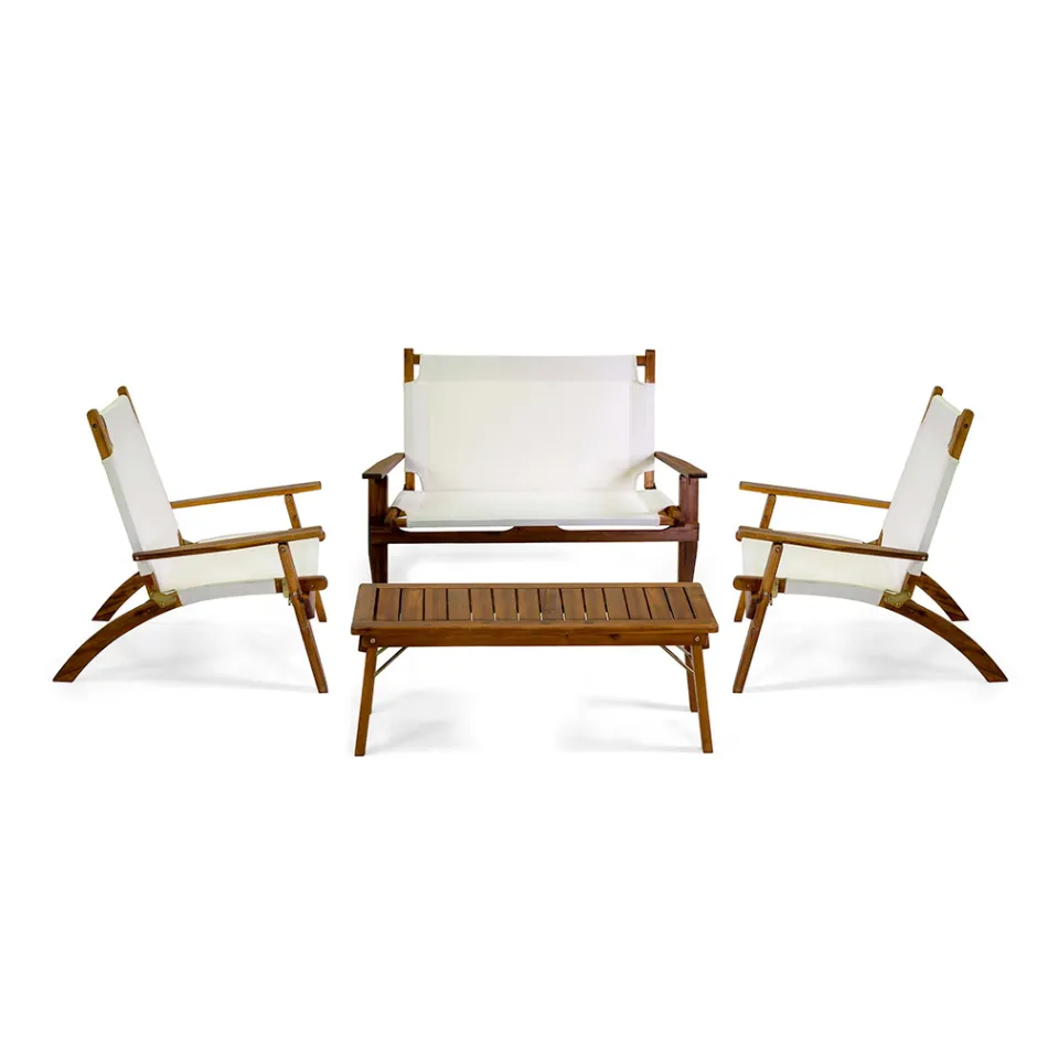 Salón en madera de acacia aceitada color natural y tela - Bottega viadurini