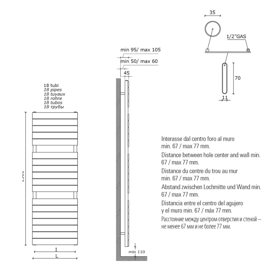Calentador de toallas hidráulico de acero al carbono negro fabricado en Italia - Carezza viadurini