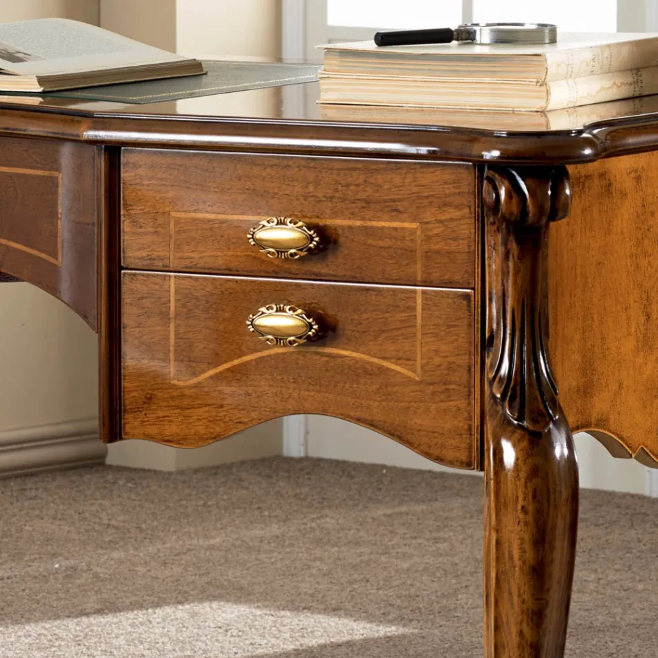 Escritorio Classic 5 Cajones en Madera y Ecopiel Made in Italy - Commodo viadurini