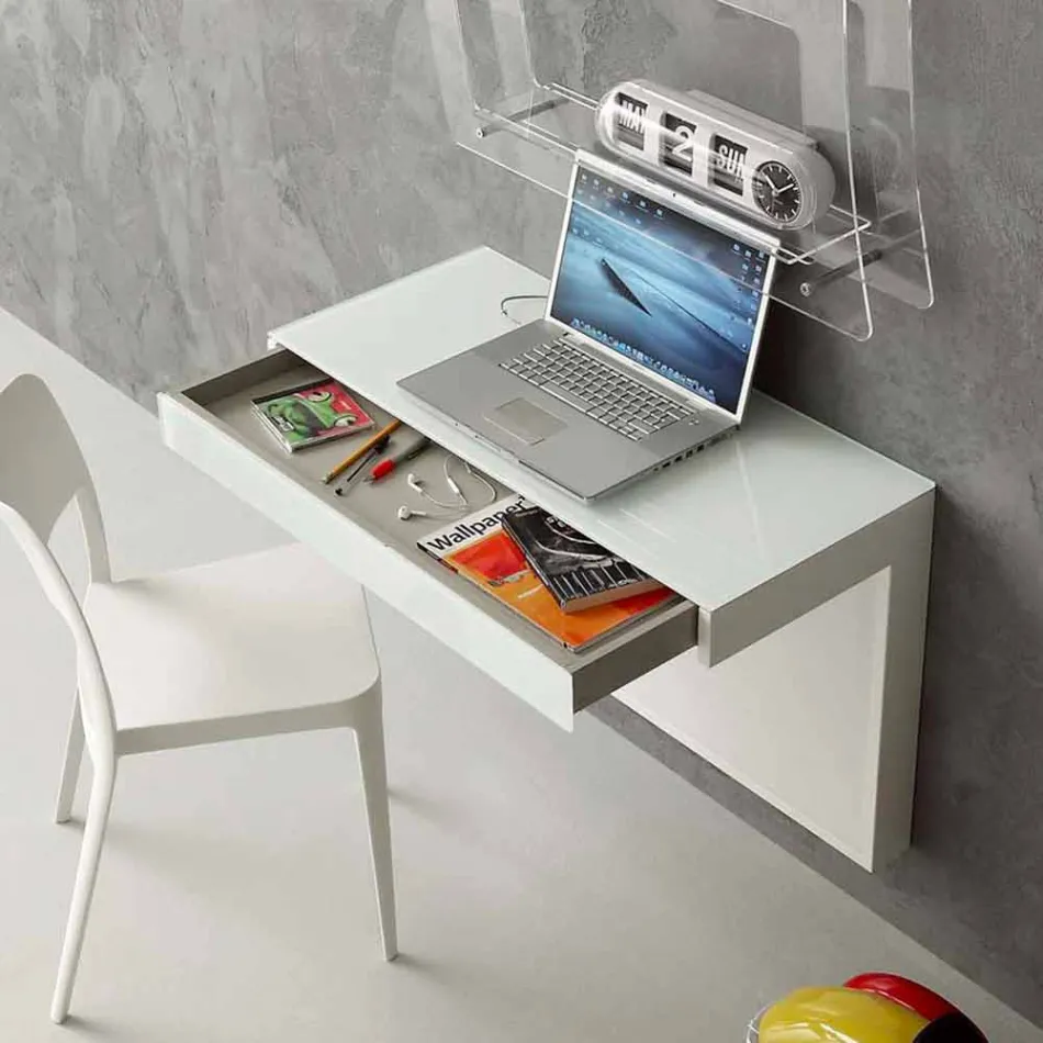 Escritorio suspendido de cristal con estructura metálica Made in Italy - Silicona viadurini