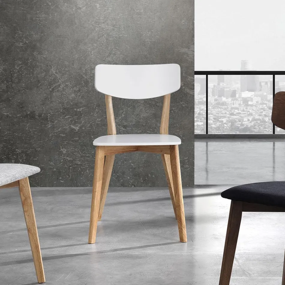 Silla de cocina en madera maciza teñida en blanco y roble 2 piezas - Tonino viadurini