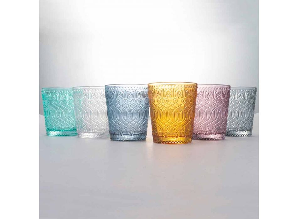 Servicio de vasos de agua de vidrio coloreado y decorado, 12 piezas - Pizzotto viadurini