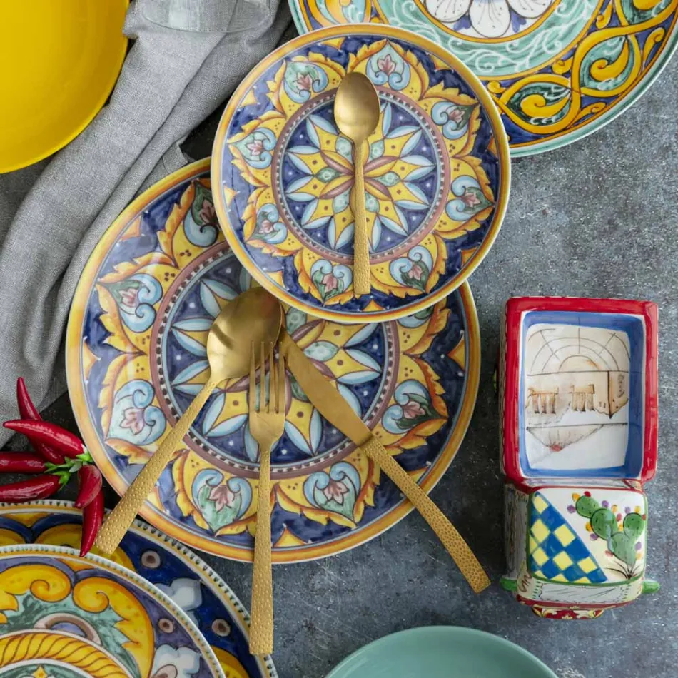 Juego de cubiertos de acero dorado satinado efecto tortuga 24 piezas - Rock viadurini